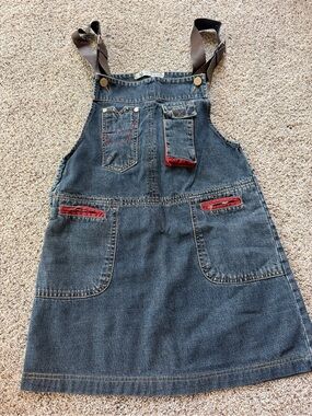 Girls Denim Pinafore Dress with Red Trim